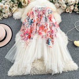 2025 New Design Sweet Floral Cake Skirt Half-Body Dress Women High Waist Thin Irregular Mesh Fairy Dress