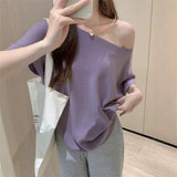French Oblique Knitted Bat Sleeve T-Shirt For Women's Summer Pure-Willed Loose Short-Sleeved Ins Sexy Out-To-Shoulder Bottom Top
