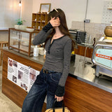 Korean Unique Beautiful Reduced-Age Pink Stripes Henry Collar Long Sleeves With The Bottom T-Shirt New Top