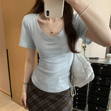 Small Design Pure Passion Hot Babes Shoulder V-Neck Thin Short-Sleeved T-Shirt Girls Summer New 2025 Explosion Top