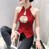 National Wind Embroidery Hanging Neck Vest Lady Sleeveless Summer Wearing Small Shoulder Slings New Chinese Style Fat MM Top