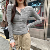 Korean Unique Beautiful Reduced-Age Pink Stripes Henry Collar Long Sleeves With The Bottom T-Shirt New Top