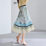 2025 New High-Rise Half-Dress Woman Tight Waist Ink Print Design Sense A-Character Skirt In The Long Folded Skirt