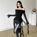 2025 Sweet Spicy Sister Wind Lotus Leaf Side Splicing A Word Shoulder Long-Sleeved T-Shirt Girl Slimmed Hottie Autumn Dress