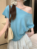 French Oblique Knitted Bat Sleeve T-Shirt For Women's Summer Pure-Willed Loose Short-Sleeved Ins Sexy Out-To-Shoulder Bottom Top