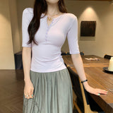 Unique Beautiful Half-Buckle Shoulder Sleeve T-Shirt 2025 New Slim Slim Five-Sleeve Top