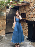 Blue Sleeveless Cowboy Sling Dress Women's Spring And Summer New Square Neck-Upid Thin French Temperament Long Dress