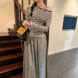 Lyselle Tiansing Striped Shoulder-Sleeve Long-Sleeved Shirt T-Shirt Women's Early Autumn 2025 New Korean Beauty Top