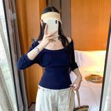 Lyselle Tians Closed The Waist Of The Big U Collar And Put On The Bottom Shirt Five-Sleeved Knitted Shirt Women's Early Spring 2026 New Top