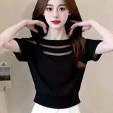 2026 Summer New Design Round Neck Net Yarn Splicing Short-Sleeved T-Shirt Women's Large Size Loose Thin Blouse