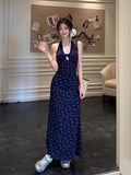 French Blue Broken Flower Hanging Neck Hanging Neck Sling Dress Female Summer 2025 New Thin Temperament Ass Long Skirt