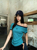 Vintage Slanted Shoulder T-Shirt Girl Summer Slimming Design Feel Shoulder-To-Shoulder Top