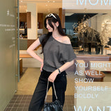 Real Shot A Word Shoulder Slant Shoulder Waist White Short-Sleeved T-Shirt Women's Summer 2026 New Pure Desire Design Sense Short Top