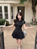 French Academy Style Black Striped Shirt Dress Female Summer Temperament Small Dress Fit Short Skirt Woman