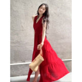 Seaside Holiday Red Hanging Neck Sling Dress Women's Early Summer New Beautiful Body-Clawed Beach Dress