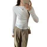 Lyselle's Silk Wool Folds Back-Round-Neck Long-Sleeved T-Shirt For Women's Commute To The New Autumn Top