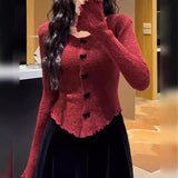 Red Bow Sweater Women 2025 Autumn And Winter New Slimming Knitted Knitted Shirt Long-Sleeved Bottom Shirt Top