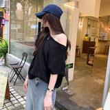 2026 Early Spring Korean Loose Lazy And Relaxed Bat Short-Sleeved Knitted Shirt Girl Into The Autumn Shoulder Inclined Shoulder