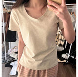 Positive Shoulder Short-Sleeved U-Neck T-Shirt Women's Summer 2025 New Pure Cotton Low Round Collar Basic Explosive Top