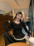 Design Sense Of Black Wave Point Inside The Bottom Of The Women's Spring Lace Hem Super Good-Looking Long-Sleeved T-Shirt Top