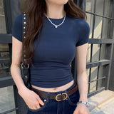 Positive Shoulder Short Sleeve T-Shirt Girl Summer Simple Slim Slim Thin Hot Babes Tight Waist Short Top