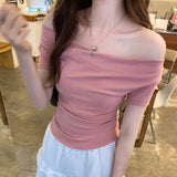 Real-Action Design Design Collar Slim Thin Elastic Short-Sleeved T-Shirt Women's Summer 2025 New Hot Girl Short Top