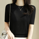 Short-Sleeved Knitted T-Shirt Women 2026 Summer New Solid Half-High Collar Chic High-Grade Ice Silk Black Top Thin