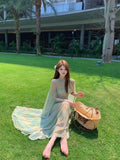 French Green Mesh Sling Dress Women's Summer Seaside Holiday Temperament To Repair Height And Waist-Coat Long Skirt