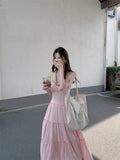 French Gentle Pink Cake Dress Women's Summer Bohemian Holiday Wind Folded Tunic Sling Skirt
