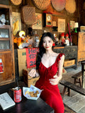 French Pure Desire Sister Wind V Tie Dress Women Summer Seaside Vacation Hip Sexy Red Temperament Dress