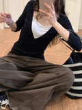 Vintage Black V-Necked Two Long-Sleeved T-Shirt Women In Early Autumn Slimming Inside The Bottom Of The Leisure Blouse Tide