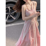 French Gentle Pink Cake Dress Women's Summer Bohemian Holiday Wind Folded Tunic Sling Skirt
