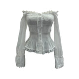 A Real Shot Shoulder Lace Side With Bow Shirt Tight To Take A Short Long-Sleeved Open Shirt 9662