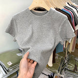 European Ice Silk Mask Gray T-Shirt Women's Short-Sleeved Summer 2025 New Knitted Bottom Collar Top