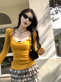 Pure-Style Sexy Hot Girl Square Collar Hollow Knitted Jersey Design Folded Lace Slings Inside The Top
