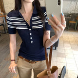 Old Money Style Wearing Shoulder Striped Splicing POLO Shirt Women 2026 Spring New Collar Short Sleeve Knitted Shirt Top