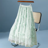 2025 Spring And Summer New High-Rise Thin Double Mesh Yarn Three-Dimensional Flower Half-Body Skirt Long Fairy Dress