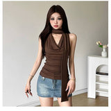 2025 Summer Hottie Sexy Slimming Collar Design Feeling With A Fluttering Belt Vest Top Sleeveless