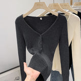 2026 Early Spring French Pure Lust Wind V-Neck Knitted Shirt Girl New Soft-Castic Elastic Repair Inside The Bottom Blouse