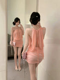 Holiday Style Solid Color High-End Hanging Neck Mesh Yarn Splicing Dress Women Summer Waist Sexy Hot Girl Ass Skirt