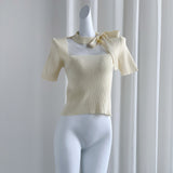 Real Shooting 2026 Summer New Mesh Splicing Milk Yellow Ice Fresh Silk Knitted Shirt Short-Sleeved Top Female Senior Sense