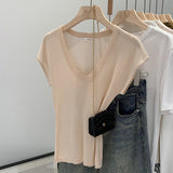 2026 Early Spring Direct Sale Lazy And Relaxed Feeling U Collar Knitted Shirt Women Set Up A Fashionable Short-Sleeved T-Shirt Summer