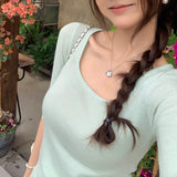 Unique Beauty Thinch Waist-Up Square Collar Sleeve Knitted T-Shirt 2026 New Light People Wearing Tops