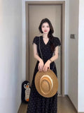 High Sensational Temperament V-Neck Waist Dress 2026 New French Black Wave Dot Short-Sleeved Dress Dress Women's Summer
