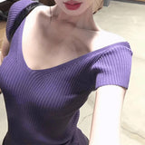 Purple V-Neck Knitted Short-Sleeved T-Shirt For Girls Spring Niche Short French Beauty Sweet Hot Girl Small Top