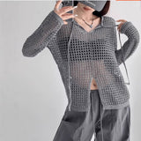 Loose Hollow Knitted Shirt Design Long-Sleeved Top Women Spring Summer New Open Fork Hooded Shirt Niche Blouse Tide