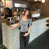 Unique Beauty Thinch Waist-Up Square Collar Sleeve Knitted T-Shirt 2026 New Light People Wearing Tops