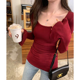 2026 Early Spring Hottie Low-Collar Horn Sleeve T-Shirt For Girls' New Mid- And Long-Term Bottoming Shirts In The Spring And Autumn Season