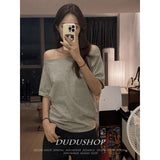 2026 Spring And Summer Relaxed Leisure Light And Comfortable A Word Shoulder Oblique Shoulder Two Wearing Short-Sleeved T-Shirt Zhang Jingyi The Same Top