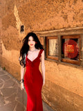 French Pure Desire Sister Wind V Tie Dress Women Summer Seaside Vacation Hip Sexy Red Temperament Dress